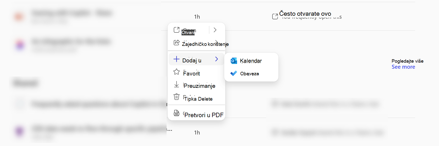 Kontekstni izbornik u aplikaciji Microsoft Copilot koji pokazuje da možete dodati datoteku u Calendar ili To Do.
