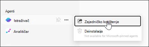 Snimka zaslona na kojoj se prikazuje mjesto dijeljenja agenta s lijeve navigacije.