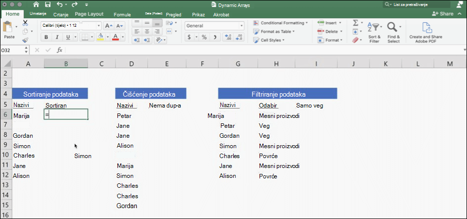 Snimka zaslona programa Excel s podacima koji koriste dinamična polja