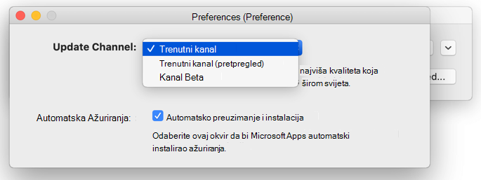 Slika Microsoftova automatskog ažuriranja za Mac –> prozor preferencija koji prikazuje izbor kanala za ažuriranje.