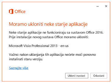 Poruka o pogrešci s upitom za uklanjanje starijih aplikacija