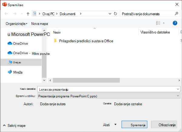 Naslijeđeno sučelje značajke Spremi kao u programu PowerPoint