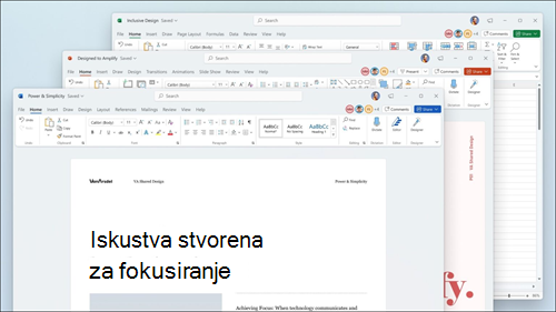 Word, Excel i PowerPoint prikazani su s vizualnim ažuriranjima na vrpci i zaobljenim kutovima koji odgovaraju korisničkom sučelju sustava Windows 11.
