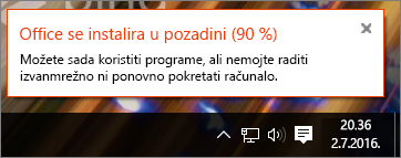 Dijaloški okvir s prikazom instalacije sustava Office na 90 %