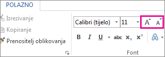 Okvir Povećaj i Smanji veličinu fonta na kartici Polazno