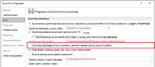 Snimka zaslona dijaloškog okvira Mogućnosti programa PowerPoint s istaknutom postavkom da se prilikom spremanja ne koristi Backstage pomoću tipkovnih prečaca