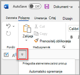 Položaj alatne trake za brzi pristup ispod vrpce