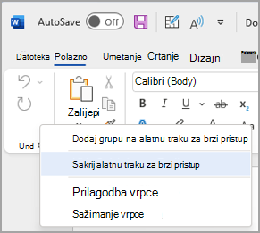 Slika mogućnosti sakrivanja alatne trake za brzi pristup