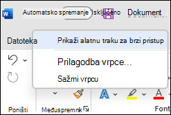Slika mogućnosti prikaza alatne trake za brzi pristup