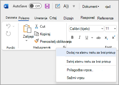 Slika padajućeg izbornika za prilagodbu alatne trake za brzi pristup radi dodavanja naredbi
