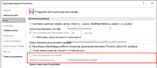 Snimka zaslona dijaloškog okvira Mogućnosti programa PowerPoint s istaknutim odjeljkom radi prilagodbe zadanog mjesta