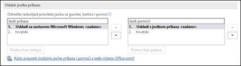 Dijaloški okvir za odabir jezika koji Office koristi za gumbe, izbornike i pomoć.