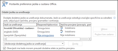 Dijaloški okvir u kojem možete dodati, odabrati ili ukloniti jezik koji Office koristi za uređivanje i alate za jezičnu provjeru.
