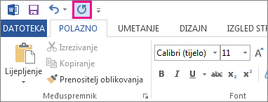 Naredba Ponovi na alatnoj traci za brz pristup