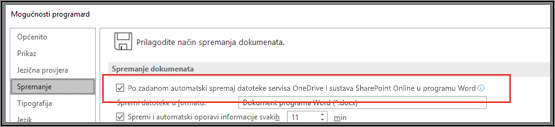 Dijaloški okvir Spremanje u odjeljku Mogućnosti > datoteke > s potvrdnim okvirom za omogućivanje ili onemogućivanje automatskog spremanja
