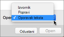 Kliknite Otvori > tekst za oporavak, a zatim otvorite oštećeni dokument da biste pokušali oporaviti uređaj