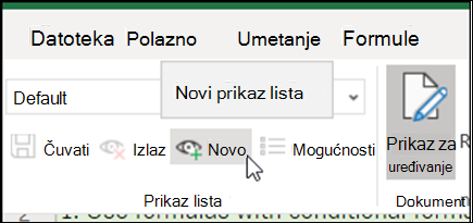 Gumb Novo u grupi Prikazi lista