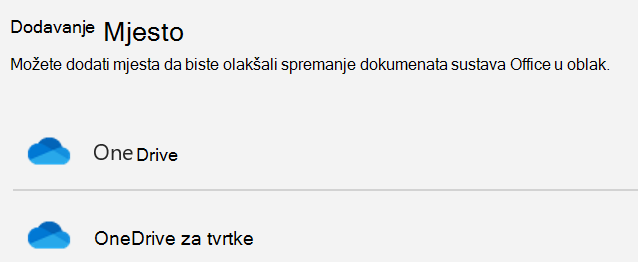 Snimka zaslona na kojoj se prikazuju gumb Dodavanje mjesta i popis Dodavanje mjesta na stranici Spremi kao u programu Word.