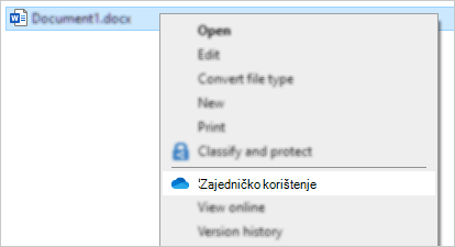 Kontekstni izbornik u eksploreru koji prikazuje naredbu za zajedničko korištenje na servisu OneDrive