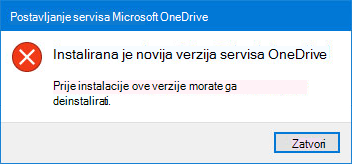 Skočni prozor pogreške servisa OneDrive