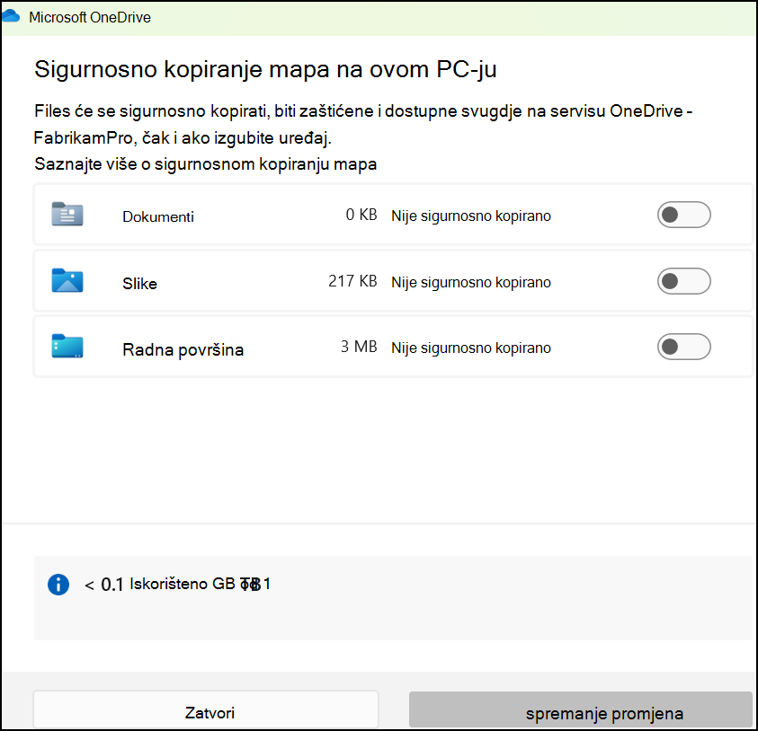 Snimka zaslona na kojoj se prikazuje dijaloški okvir Postavljanje zaštite važnih mapa na servisu OneDrive