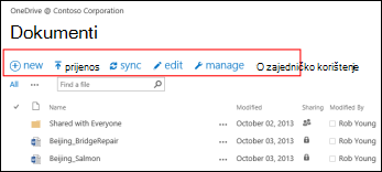 Pomoću trake brzih naredbi u sustavu Office 365 započnite s aktivnostima na servisu OneDrive za tvrtke ili u biblioteci dokumenata timskog web-mjesta sustava SharePoint Online.