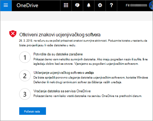 Snimka zaslona s prikazanim zaslonom Otkriveni znakovi ucjenjivačkog softvera na web-mjestu OneDrive