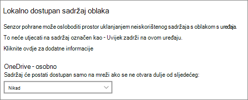 Padajući izbornik Pohrana u sustavu Windows 10 za odabir trenutka kada datoteke servisa OneDrive želite postaviti samo na mreži