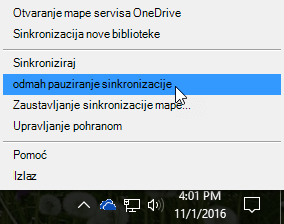 Snimka zaslona izbornika starog servisa OneDrive za tvrtke s odabranom mogućnosti Pauziraj sinkronizaciju.