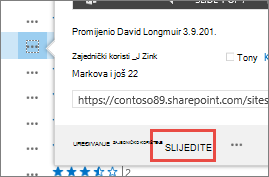 Odaberite naredbu Prati na izborniku lebdeće kartice na servisu OneDrive za tvrtke