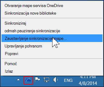 Naredba Zaustavi sinkroniziranje mape na izborniku servisa OneDrive za tvrtke