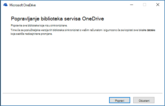 Dijaloški okvir za popravak sinkronizacije OD