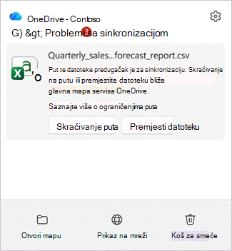 Snimka zaslona koja prikazuje centar za aktivnosti servisa OneDrive sa zastavicama stavke čiji je put predugačak te gumbima Skrati put i Premjesti datoteku.