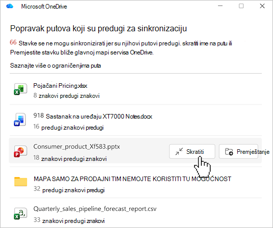 Snimka zaslona na kojoj se prikazuje popis putova datoteka na servisu OneDrive.