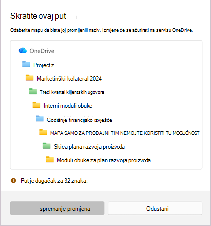 Snimka zaslona s prikazom poruke za skraćivanje odabranog naziva datoteke.