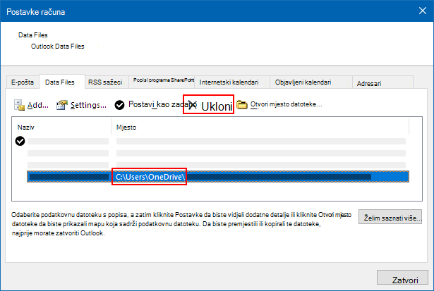 Dijaloški okvir Podatkovne datoteke programa Outlook