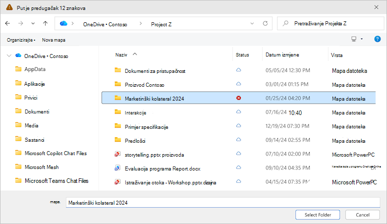 Snimka zaslona na kojoj se prikazuje dijaloški okvir za odabir mape na servisu OneDrive.