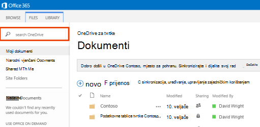 Snimka zaslona na kojoj se prikazuje okvir upita za OneDrive u sustavu Office 365.