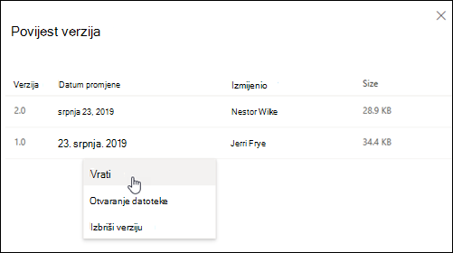 Okno Povijest verzija
