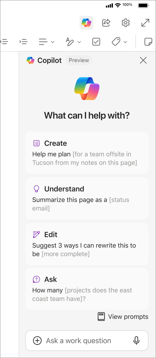 Pristup gumbu Copilot u programu OneNote za iOS