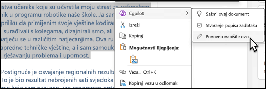 Neki tekst odabran u programu OneNote. Prikazuje se kontekstni izbornik s odabranim rješenjem Copilot, a na podizborniku je odabrano Prepiši ovo.