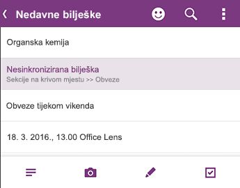 Popis nedavnih bilješki u programu OneNote za Android