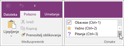 Snimka zaslona popisa oznaka u programu OneNote 2016.