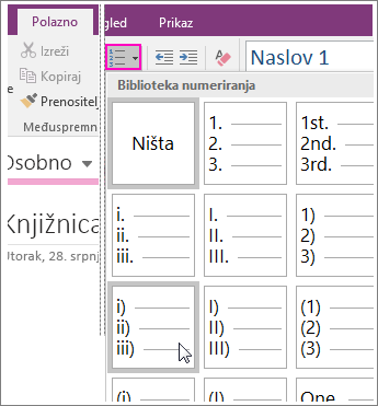 Snimka zaslona numeriranja stranice u programu OneNote 2016.
