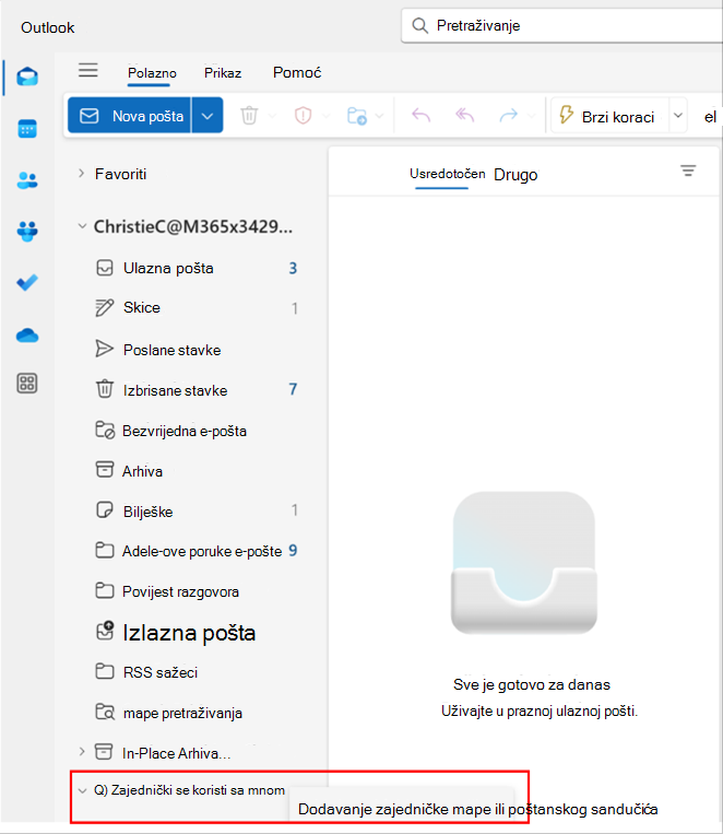 Snimka zaslona skočnog prozora u programu Outlook za dodavanje zajedničke mape ili poštanskog sandučića