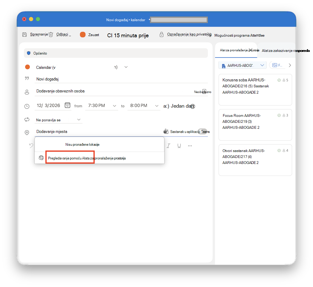 Pretražujte pomoću alata Alat za pronalaženje prostorija u programu Outlook za Mac