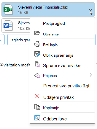 U novijim verzijama klasičnog programa Outlook odaberite strelicu dolje pokraj privitka, a zatim odaberite Ukloni privitak.