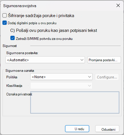 Potvrdite okvire pokraj mogućnosti Dodaj digitalni potpis ovoj poruci i Zatraži S/MIME potvrdu za ovu poruku