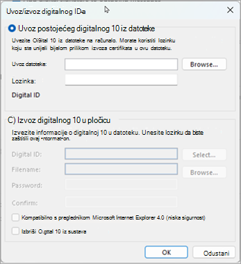 Odaberite Pregledaj da biste pronašli digitalni ID pa unesite lozinku koju ste unijeli prilikom izvoza certifikata u tu datoteku