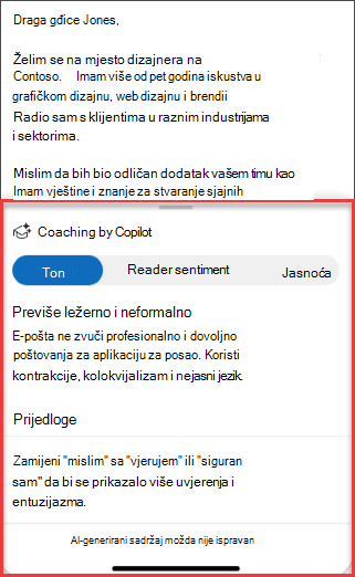 Prijedlozi rješenja Copilot za ton, jasnoću i mišljenje čitatelja u programu Outlook za mobilne uređaje